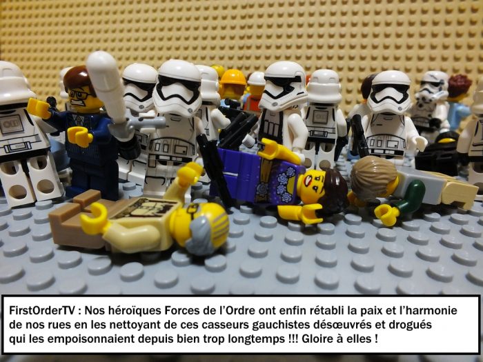 Les CRS Stormtroopers écrasent la manifestation, les news servent la propagande du gouvernement. - Lego